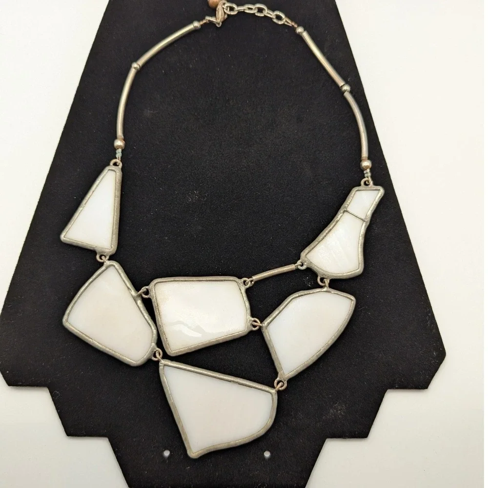 Geometric White Glass Statement Necklace Silver Tone Bib by Lapis Zagreb Croatia - Picture 7 of 9